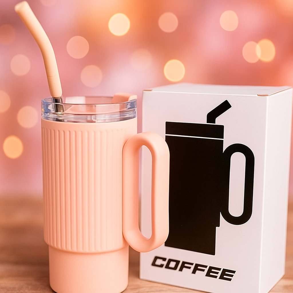 Pink Ribbed Handle Tumbler – 20 oz Insulated Straw Mug