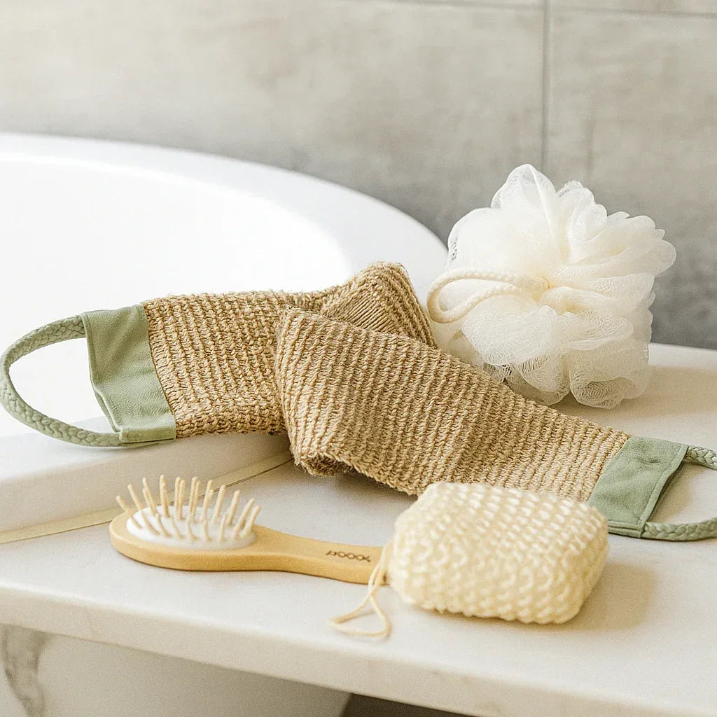 Bathroom accessories including natural fiber scrubber, wooden hairbrush, white bath sponge, and soap on tub edge