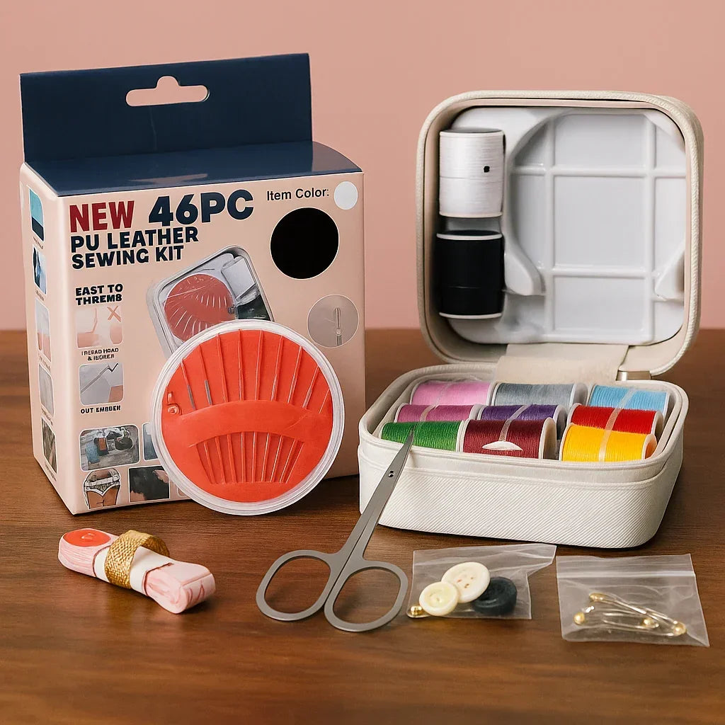 46-Piece PU Leather Sewing Kit – Portable Travel & Home Stitching Set with Threads, Needles, Scissors & Accessories