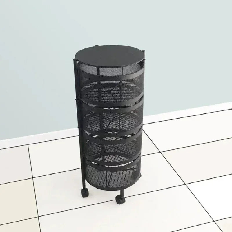 Black four-tier mesh rolling storage cart on white tiled floor against light blue wall