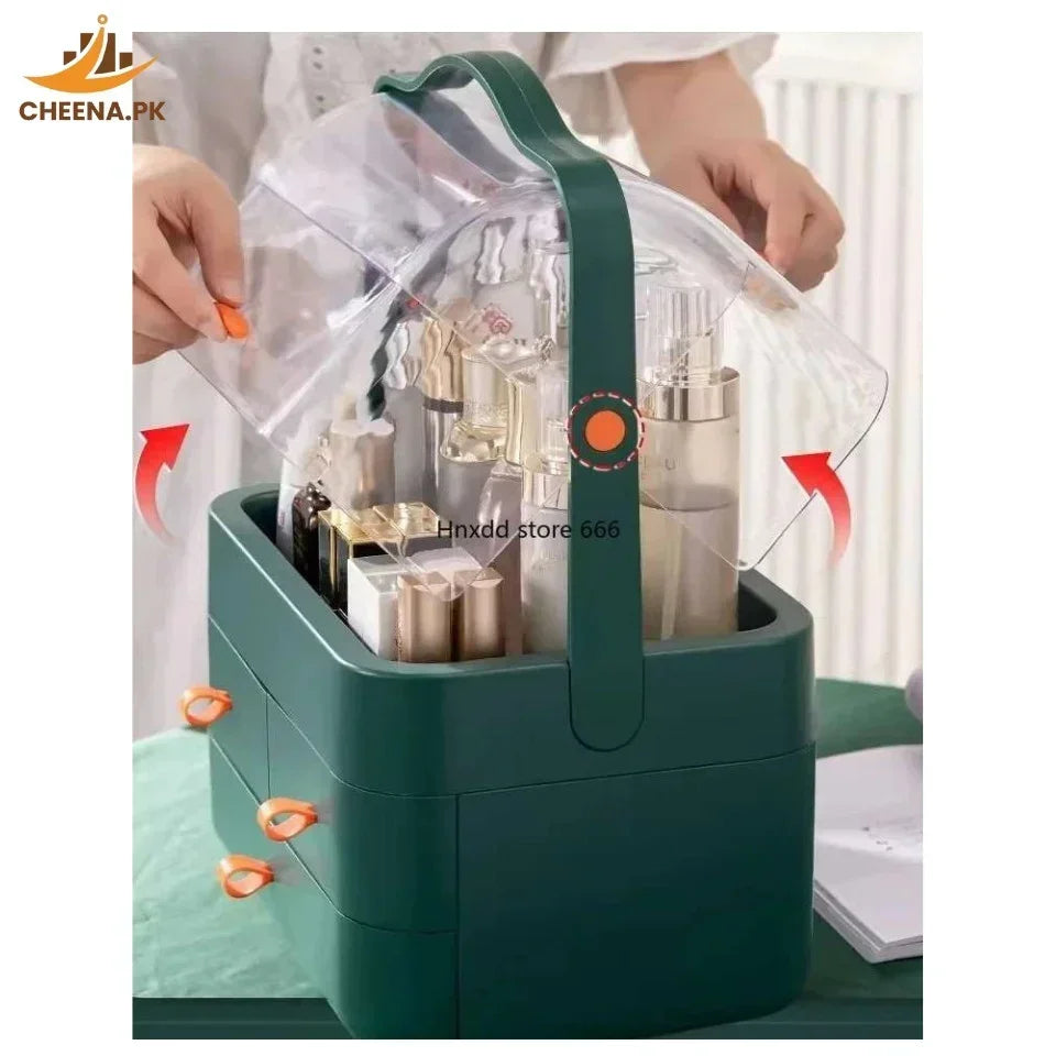Green multi-tiered cosmetic organizer with clear lid holding various skincare bottles and makeup products