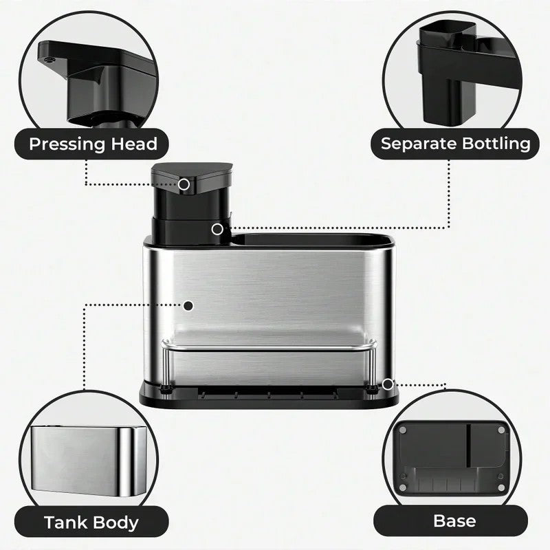 3-in-1 Kitchen Stainless Steel Tableware Soap Dispenser, Sponge Holder, Sink Organizer Drain Rack, Suitable for Kitchen Sinks
