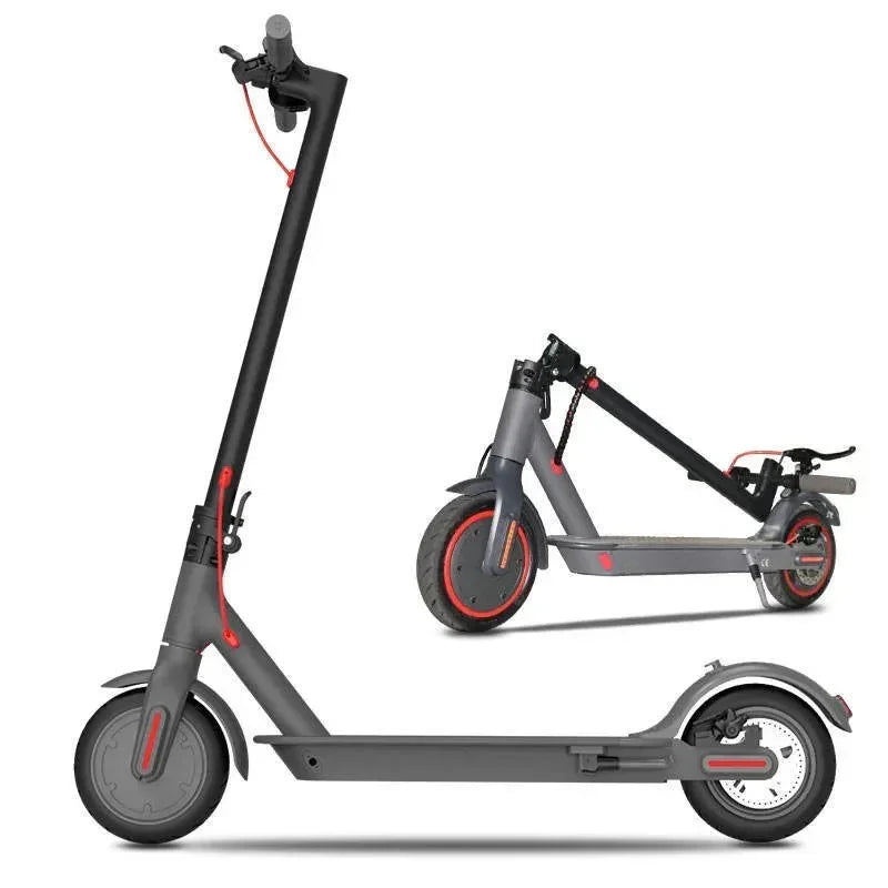 gray electric scooter with red accents, shown in standing and folded positions on white background