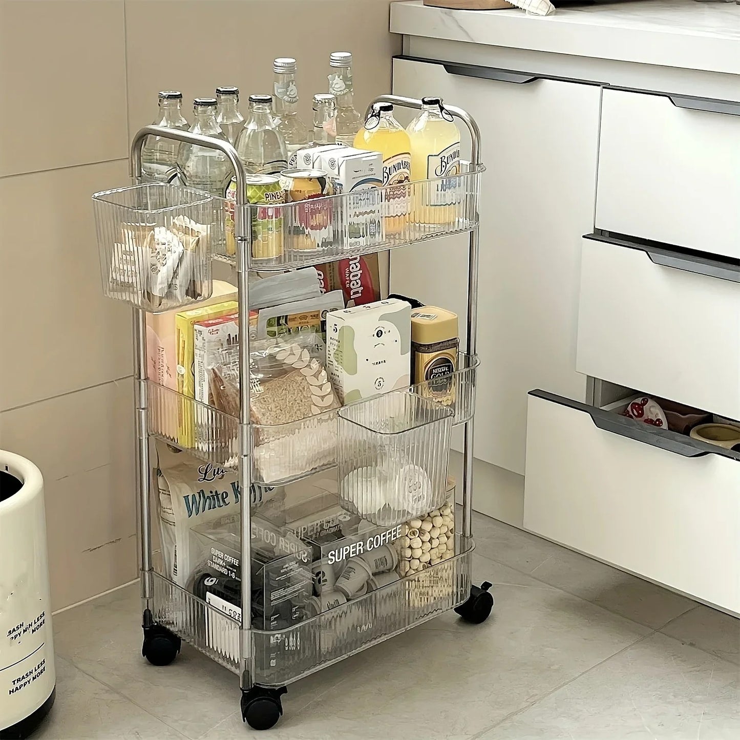 3 Tier Clear Storage Cart with Wheels - Multifunctional Rolling Organizer