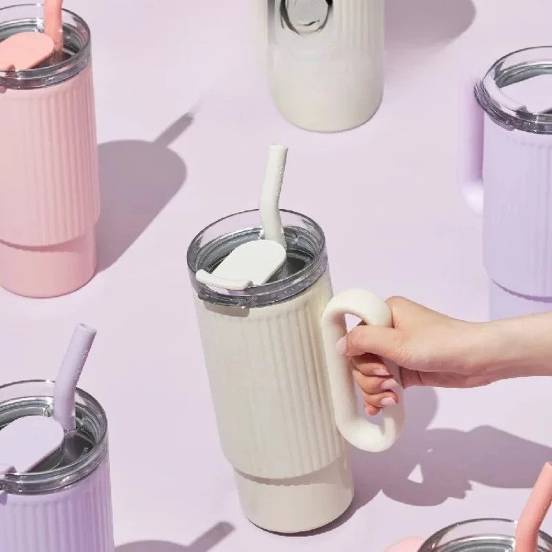 Pink Ribbed Handle Tumbler – 20 oz Insulated Straw Mug
