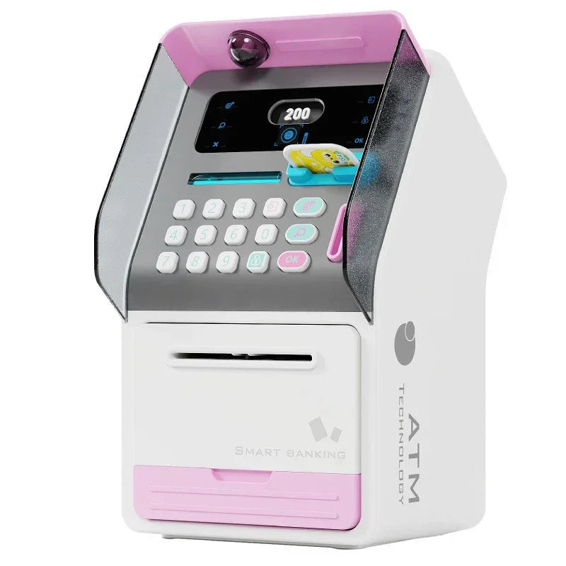 Mini ATM toy with numeric keypad, card slot, and digital display showing 200