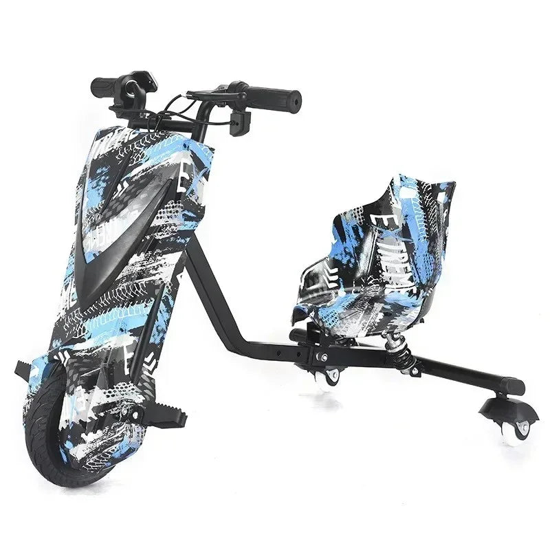 Electric drift trike with black, blue, and white graffiti pattern, single front wheel and rear seat