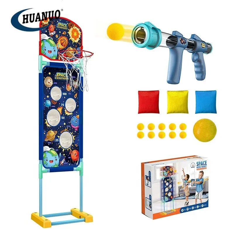Kids indoor basketball hoop with space-themed target, foam darts, balls, bean bags, and toy dart gun set