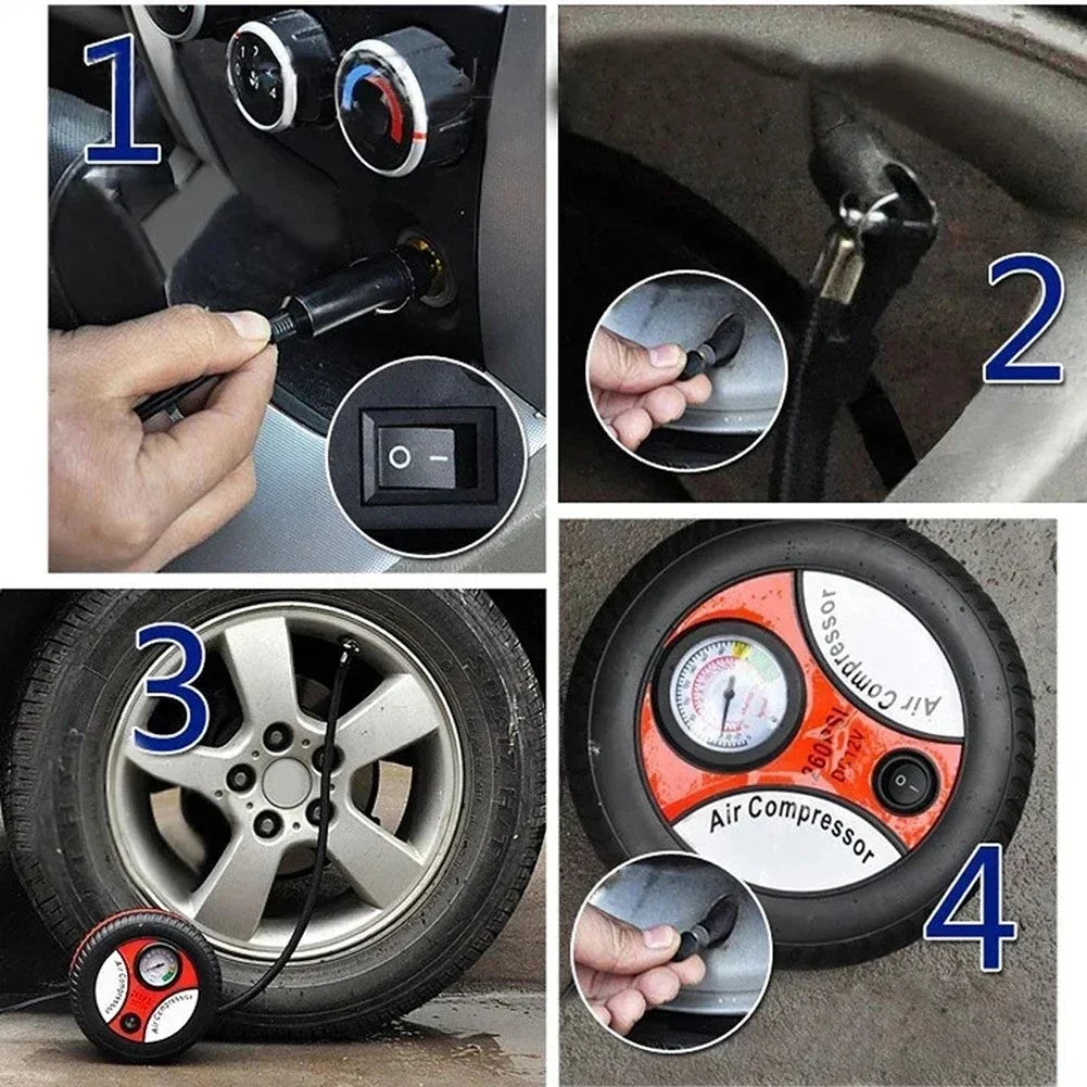 Step-by-step use of portable air compressor to inflate car tire with pressure gauge and power plug