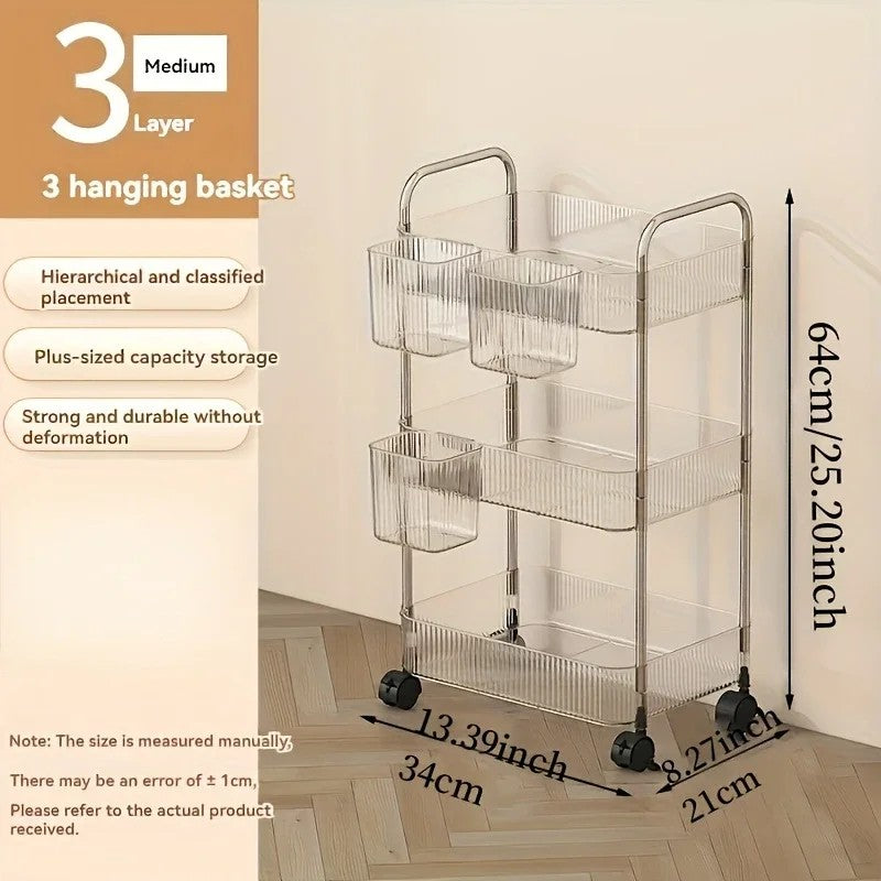 3 Tier Clear Storage Cart with Wheels - Multifunctional Rolling Organizer