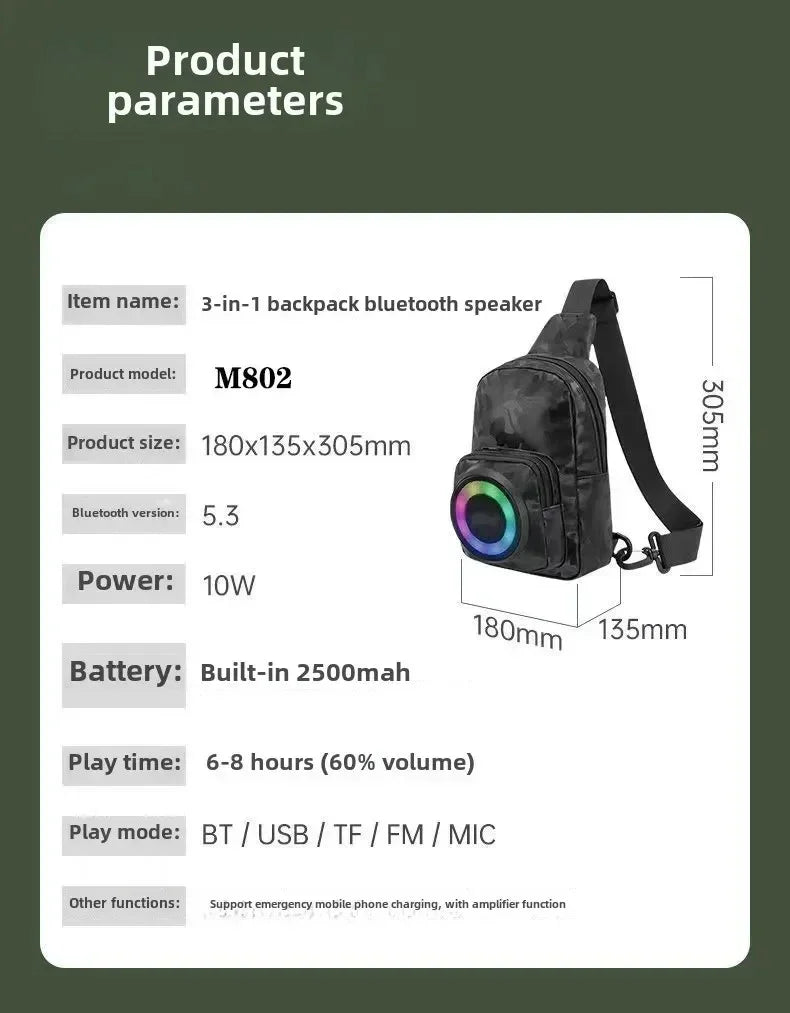 3-in-1 black backpack Bluetooth speaker with colorful LED light, model M802, 180x135x305mm, 10W power