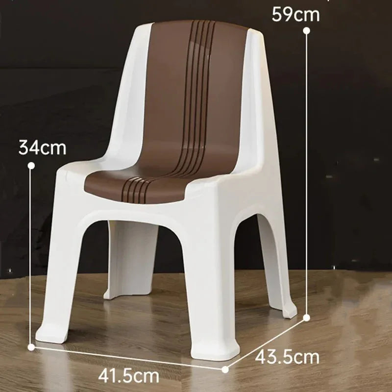 White and brown plastic chair with measurements 59cm height, 41.5cm width, 43.5cm depth, 34cm seat height