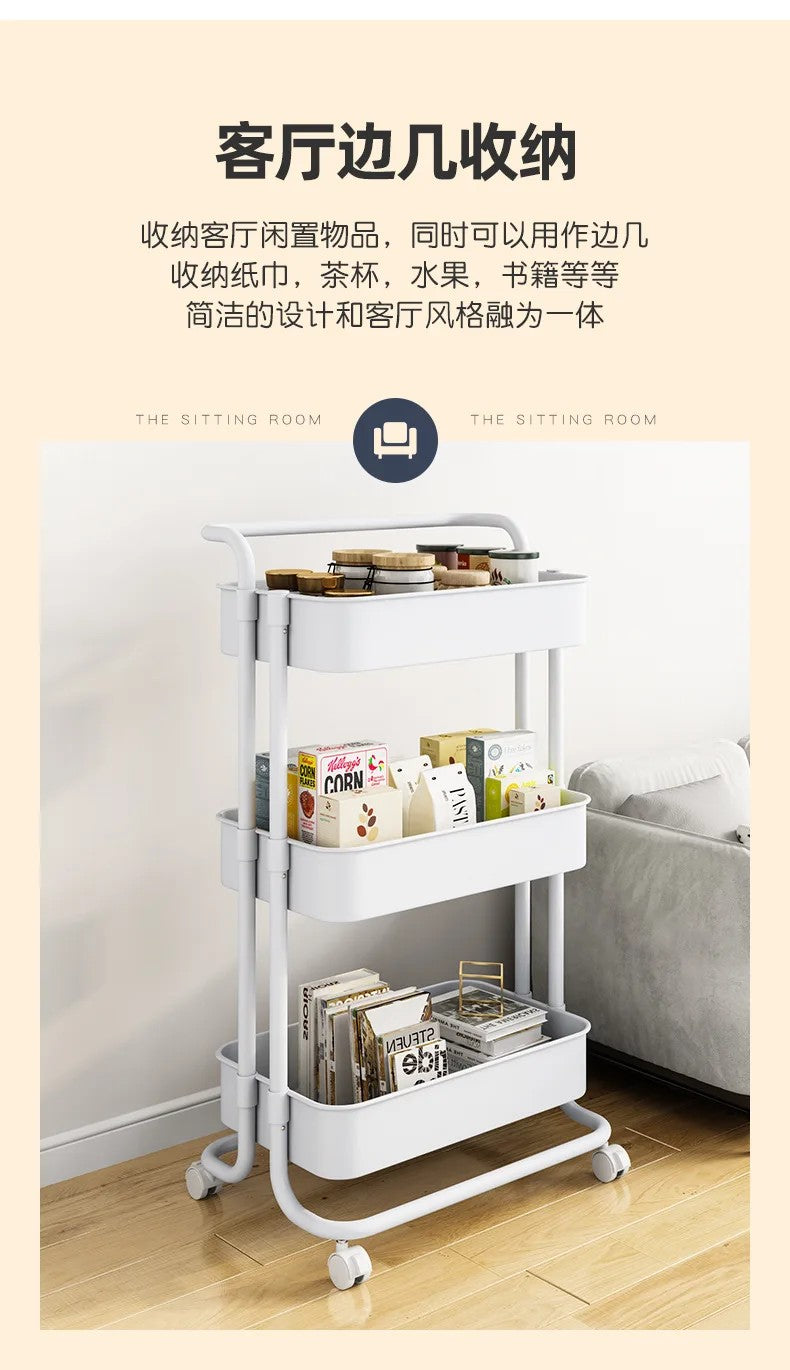 3 Tier Clear Storage Cart with Wheels - Multifunctional Rolling Organizer trolley