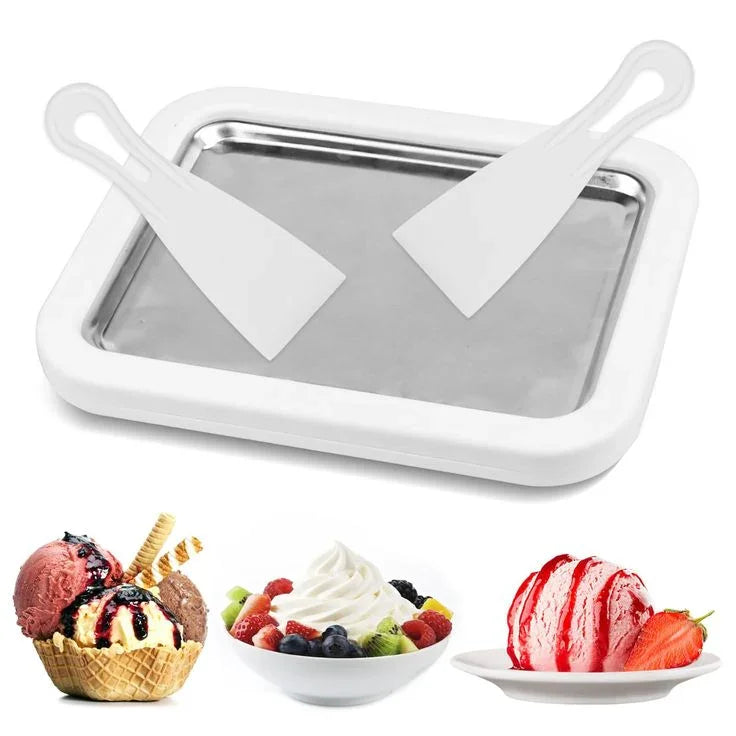 Stainless steel rolled ice cream pan with white border and two white scrapers, with images of rolled ice cream desserts