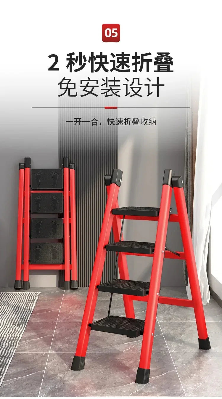 Red and black folding step ladder with three steps in an indoor setting, tiled floor and curtain
