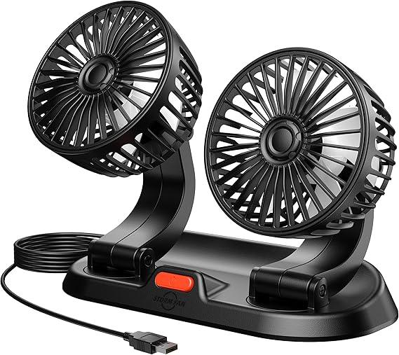 Black dual head portable USB rechargeable fan with adjustable heads and red button on base