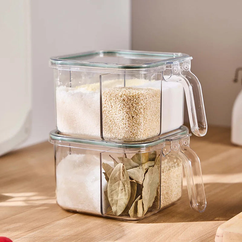 "4-Grid Spice Storage Box – Multi-Section Seasoning Organizer with Spoon | cheena.pk"