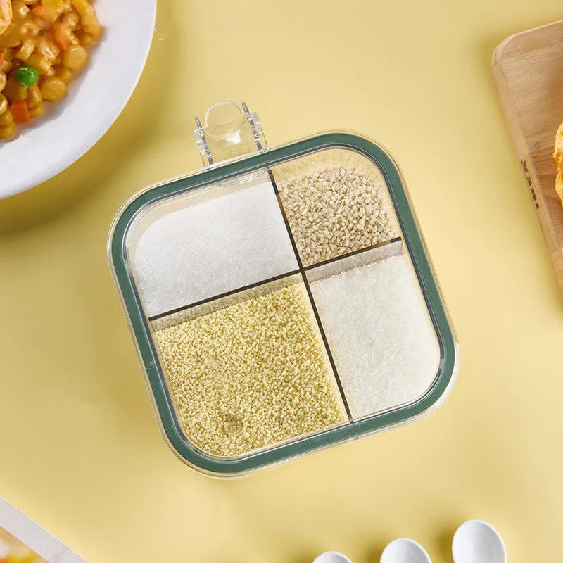 "4-Grid Spice Storage Box – Multi-Section Seasoning Organizer with Spoon | cheena.pk"