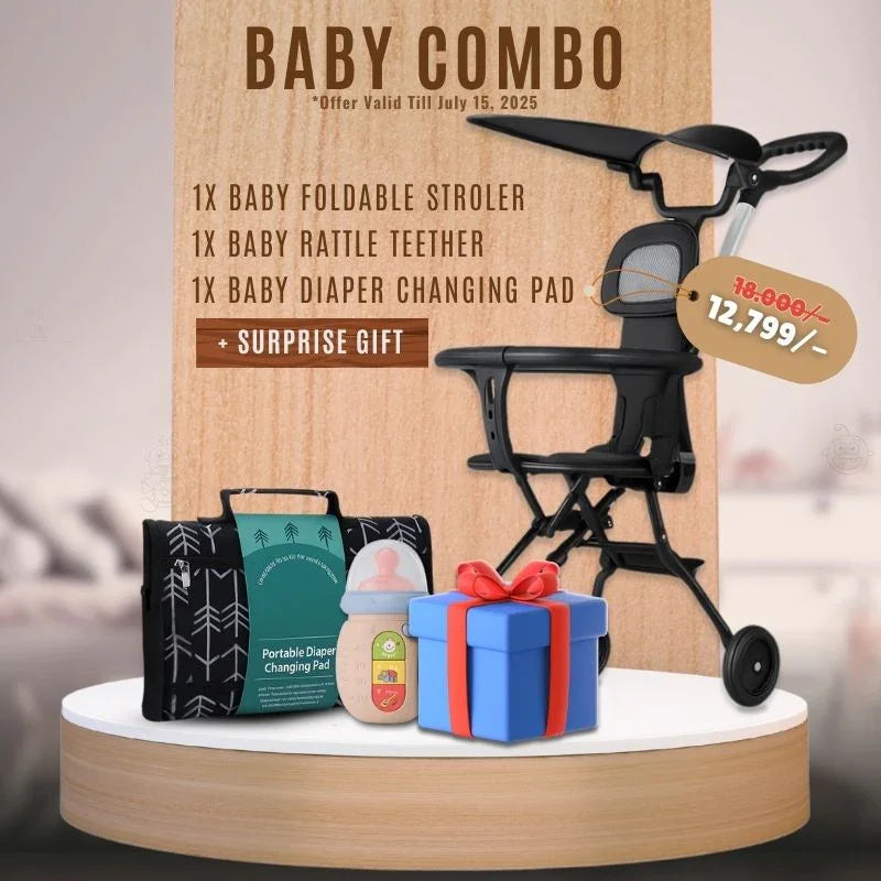Baby combo offer with foldable stroller, portable diaper changing pad, baby rattle teether, and a surprise gift