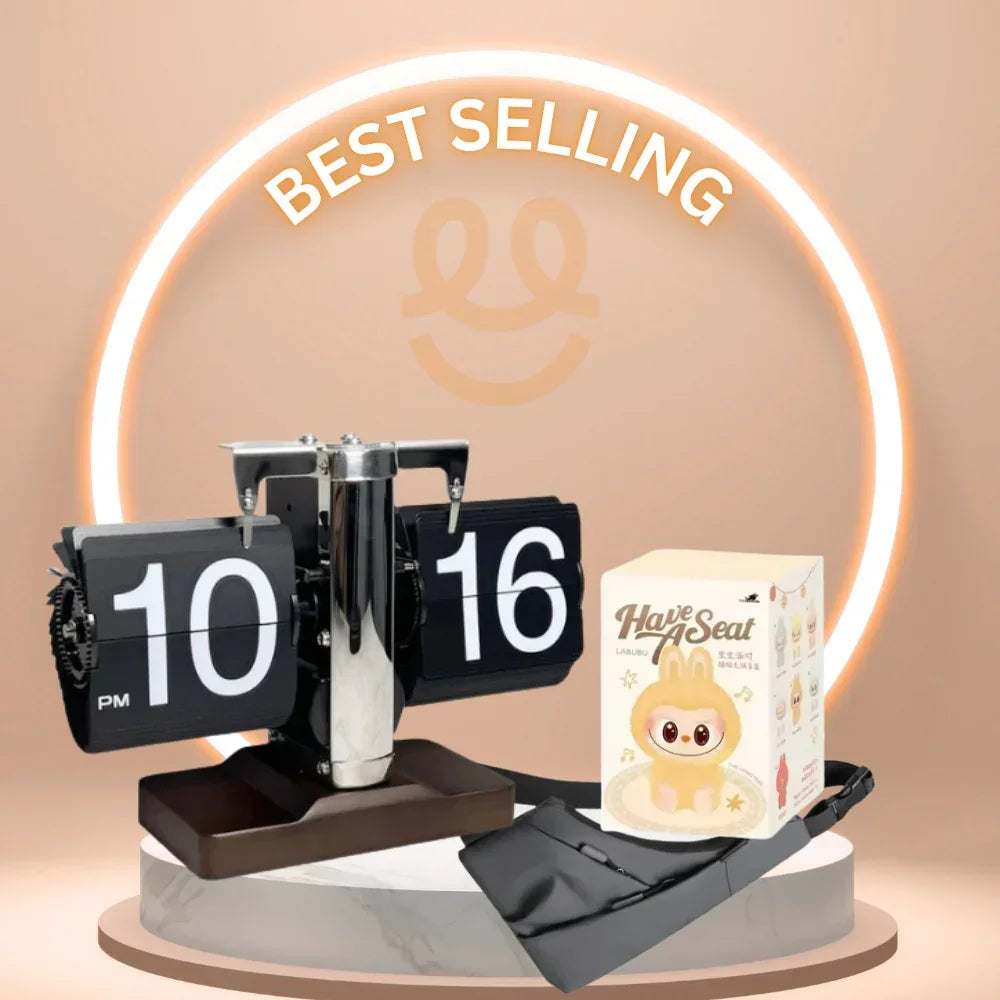 Best selling vintage flip clock showing 10:16 PM with cute Have A Seat figurine on marble pedestal