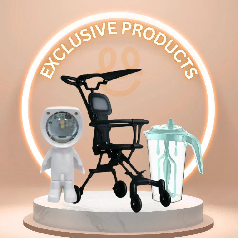 Exclusive products showcase featuring a modern black walker, a white astronaut-shaped lamp, and a teal pitcher on a marble pedestal