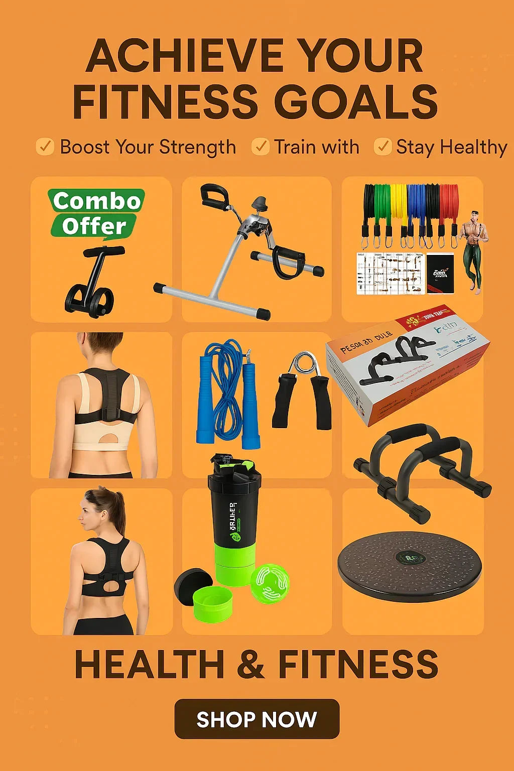 Combo offer fitness equipment including pedal exerciser, resistance bands, posture corrector, jump rope, hand grip, shaker bottle, push-up bars, and balance board