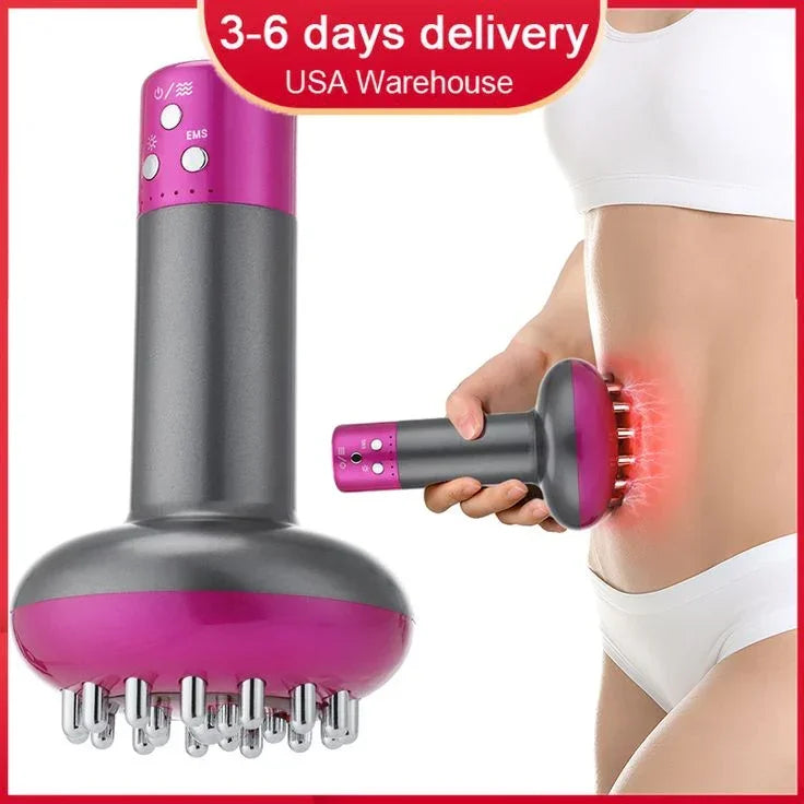 Handheld pink and gray EMS massage device used on woman's abdomen for muscle stimulation and pain relief