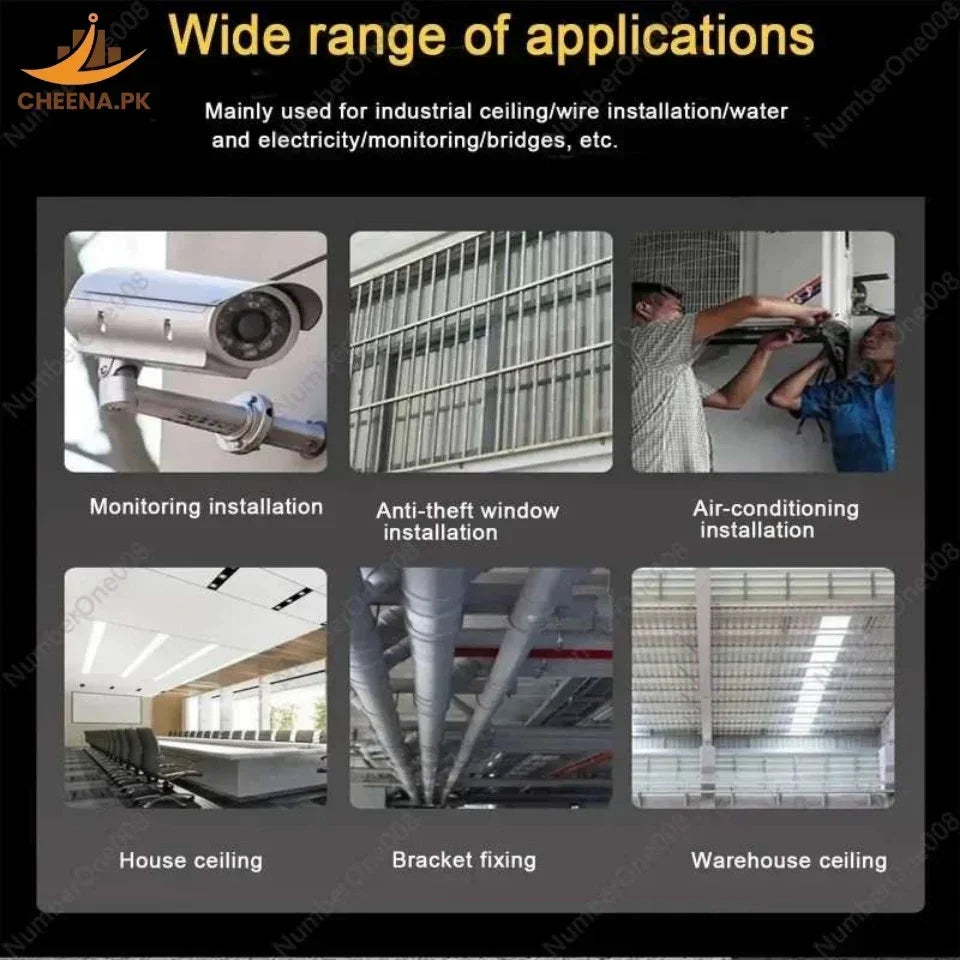 Industrial applications including monitoring camera, anti-theft window, air-conditioning, house ceiling, bracket fixing, and warehouse ceiling