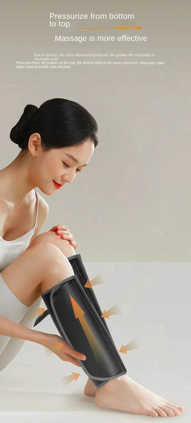 Woman using black leg massager sleeves illustrating upward pressurizing massage for effective relief