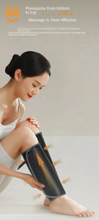 Woman using black leg massager sleeves illustrating upward pressurizing massage for effective relief