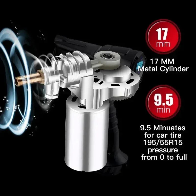 17mm metal cylinder air compressor component inflating car tire to full pressure in 9.5 minutes