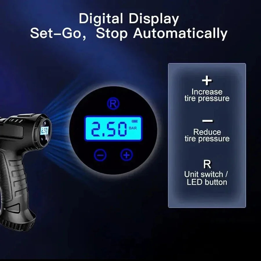 Digital tire pressure gauge with blue LCD display showing 2.50 bar and control buttons