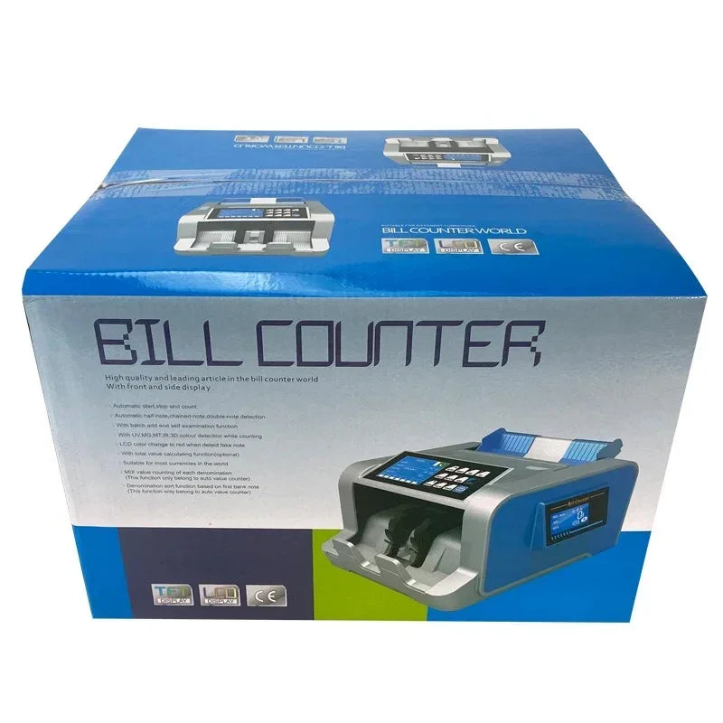Blue and gray bill counter machine packaging box with LCD display and multiple currency support