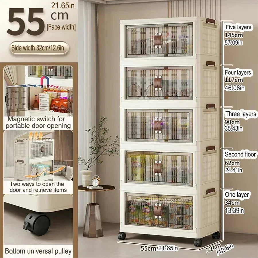 55cm wide multi-layer storage cabinet with transparent doors, magnetic switch, and universal wheels