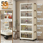 Tall beige five-layer storage cabinet with transparent doors, leather handles, and universal pulleys in modern room