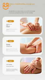 Images demonstrating hand kneading, movement stretching, and pull shaping massage techniques on legs