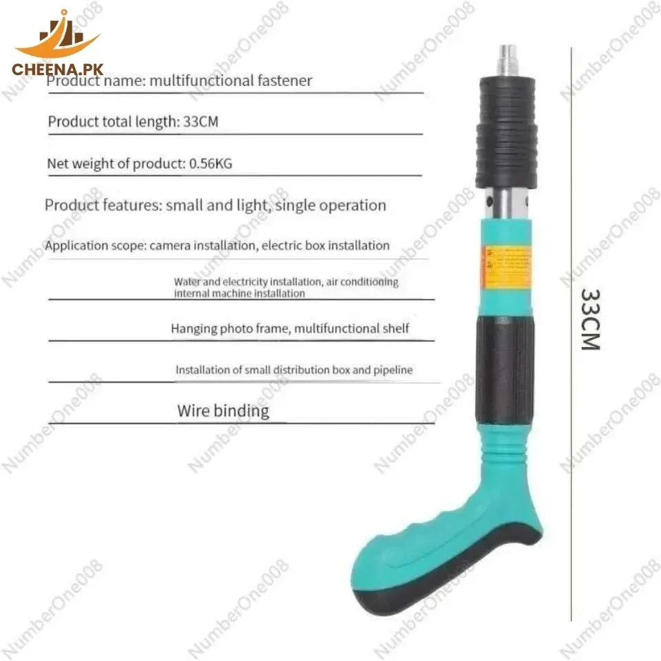 Multifunctional fastener tool 33cm long, turquoise and black handle, used for camera and electric box installation