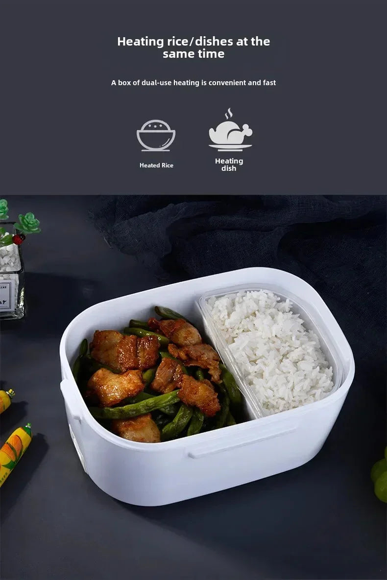 White dual-compartment lunch box with cooked white rice and stir-fried meat with green beans