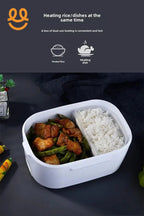 White dual-compartment lunch box with cooked white rice and stir-fried meat with green beans