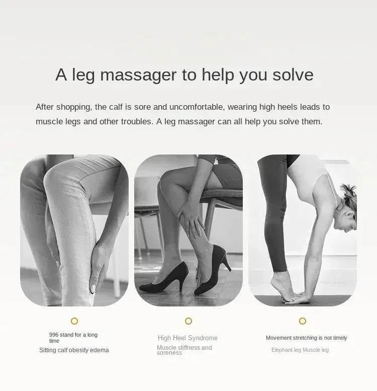 Black and white images showing calf soreness from long standing, high heel use, and lack of stretching