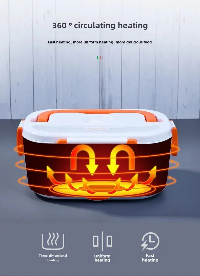 Electric lunch box with 360° circulating heating for fast, uniform, three-dimensional food warming