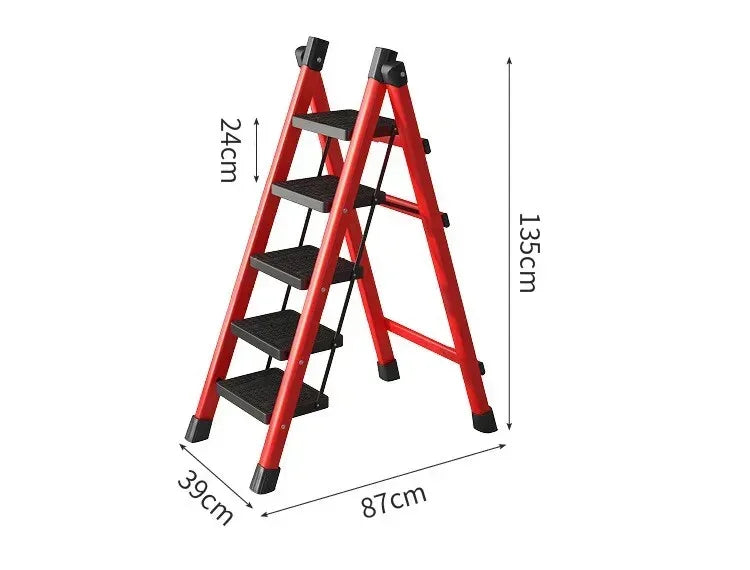 Red folding step ladder with black non-slip steps and dimensions shown in centimeters