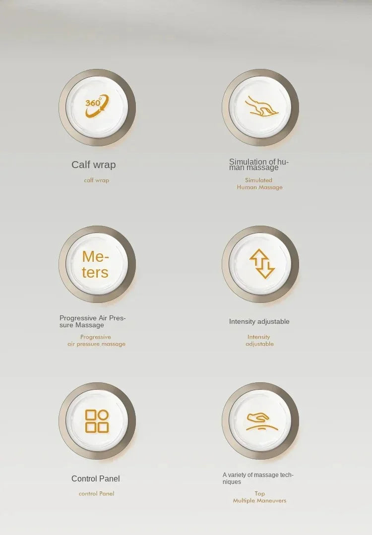 Massage device control panel buttons for calf wrap, simulated human massage, air pressure massage, adjustable intensity, and multiple techniques