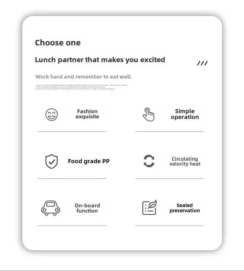 Infographic with icons highlighting lunch partner benefits: fashion, simple operation, food grade PP, circulating heat, on-board function, sealed preservation