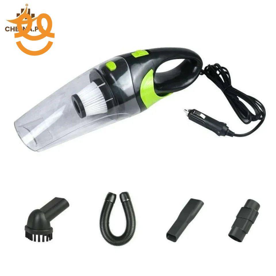 Portable handheld car vacuum cleaner with multiple black attachments and green accents