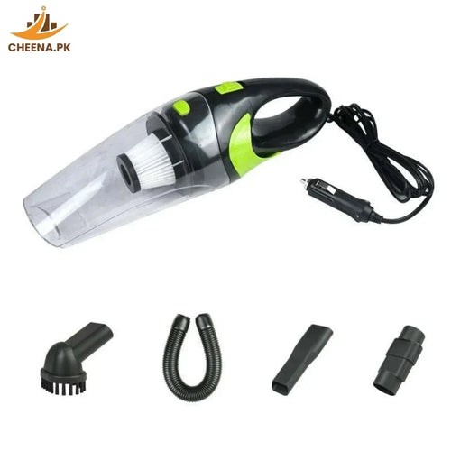 Portable handheld car vacuum cleaner with multiple black attachments and green accents