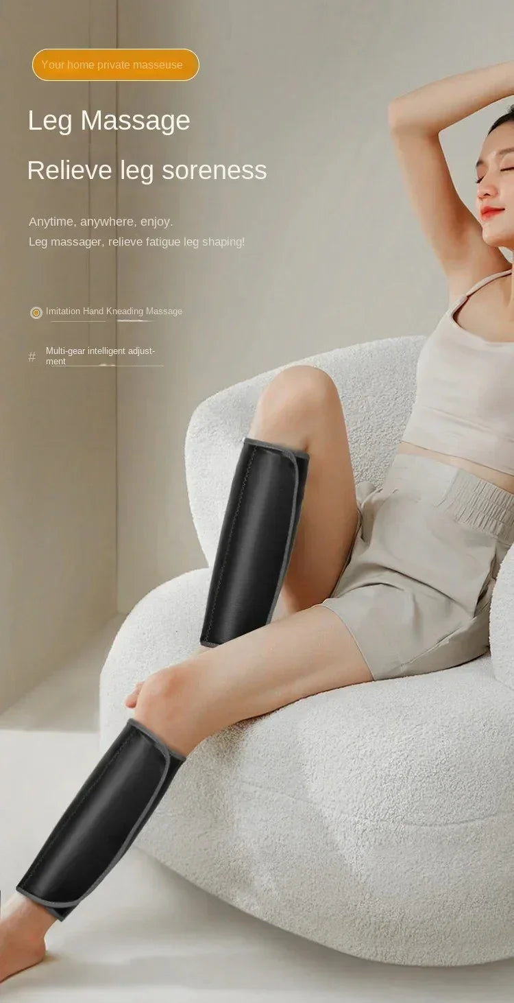 Woman relaxing on white chair with black leg massagers for leg massage and soreness relief