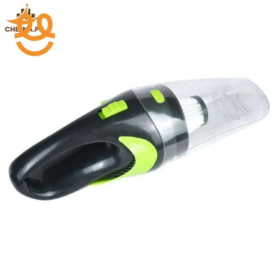 Black and green handheld cordless vacuum cleaner with transparent dust container