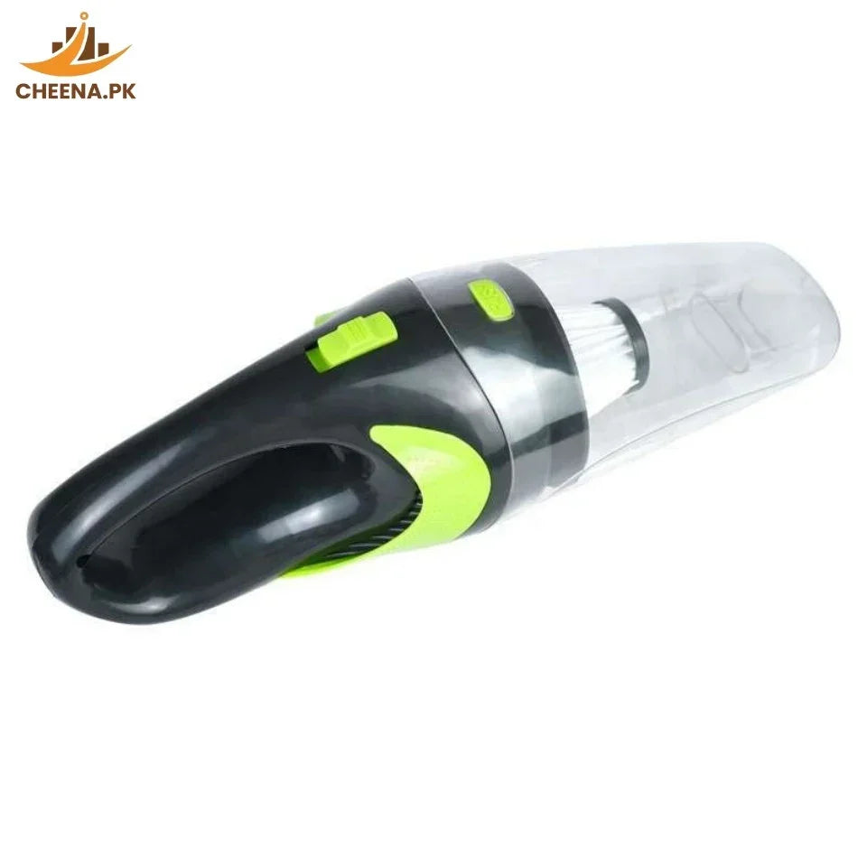 Black and green handheld cordless vacuum cleaner with transparent dust container
