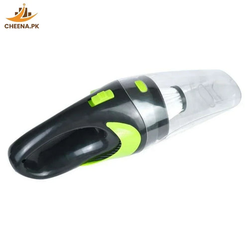Black and green handheld cordless vacuum cleaner with transparent dust container